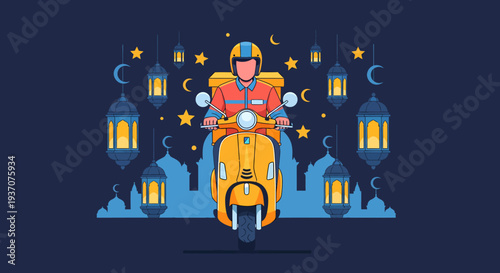 Delivery man riding scooter with food bag 1.