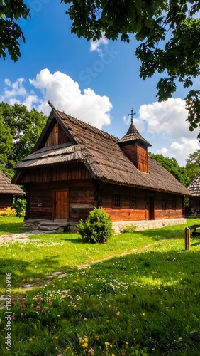An aged, wooden church sits surrounded by green grass and trees under a blue sky on a sunny day