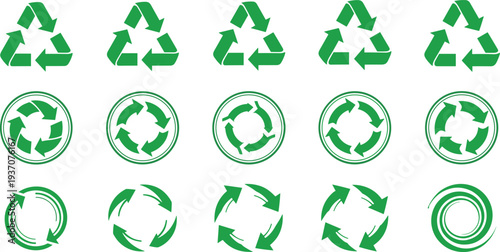Green Recycling Arrow Icon Set with Circular Reuse, Sustainability, and Environmental Protection Symbols for Eco Friendly Waste Management Design