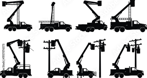 Bucket truck silhouette vector, utility crane truck working on power lines, electrician maintenance service vehicle set with boom lift