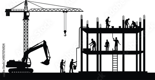 Black silhouette of workers and heavy machinery including a crane and excavator on a multi-story building construction site framework.