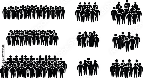 Crowd of people silhouettes collection, human group icons representing community gathering, audience and population concept vector set isolated on white background
