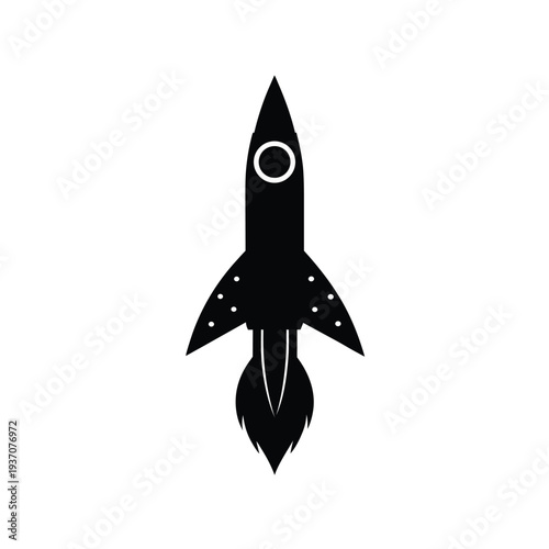 Bold black silhouette icon of a rocket launching with fiery exhaust, symbolizing space travel.