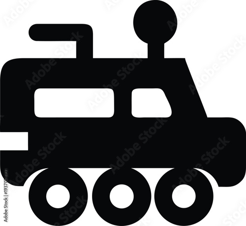 Minimalist black icon of a multi-wheeled rover vehicle for planetary surface exploration.