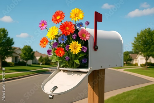 A vibrant bouquet of fresh, colorful flowers spilling out of a charming white mailbox on a sunny day, creating a whimsical and delightful scene on a suburban street