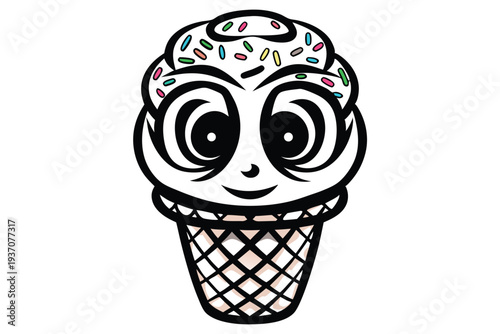 Smiling ice cream character is holding a cone in its hand, black and white