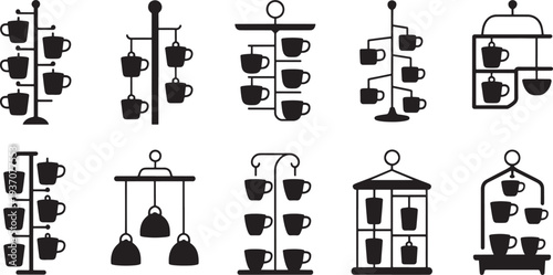 Black and white of various cup and mug racks