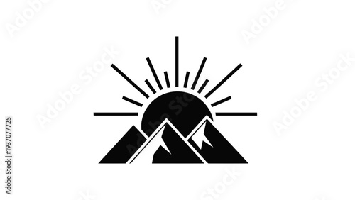 Vector illustration of black mountain landscape with sun rising behind peaks on a transparent background