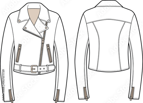 A detailed line of a beige leather jacket with a belted waist and zipper details