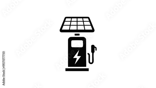 Vector illustration of black electric car charging station with solar panel on a transparent background