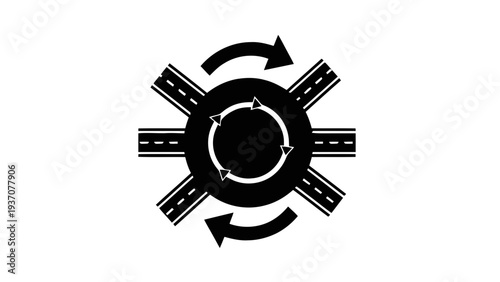 Vector illustration of black and white illustration of a roundabout road sign with arrows on a transparent background