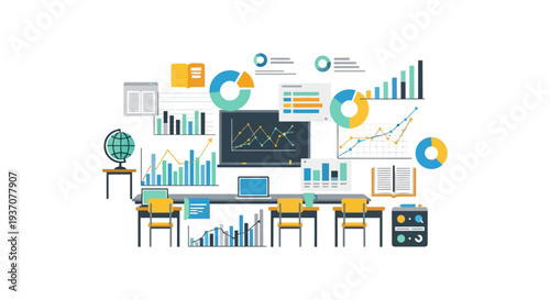 Data Analysis and Business Education Classroom. Flat Vector Illustration of Financial Research, Strategic Planning, and Report Presentation.