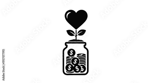 Vector illustration of black and white icon of a jar with coins and a growing plant on a transparent background