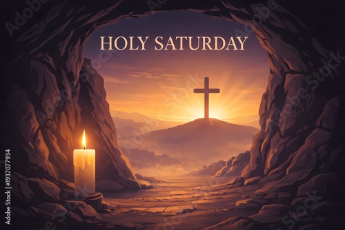 Holy Saturday scene with a lit candle in a cave opening looking out to a cross on a hill at sunset, symbolizing Easter vigil and resurrection.