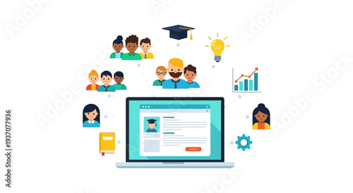 Digital E-learning Network and Online Education System. Collaborative distance learning ecosystem connecting diverse students, mentors, knowledge, and progress symbols via laptop.