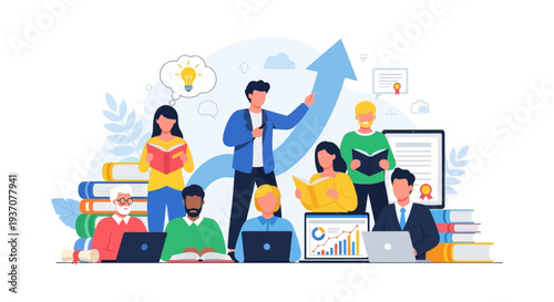 Diverse Group Learning & Professional Development. Business Seminar, Online Course, or Educational Workshop for Career Growth.