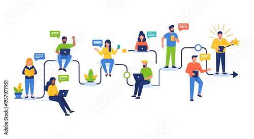 Modern Flat Illustration of Business Workflow, Team Collaboration, and Digital Communication Process Diagram