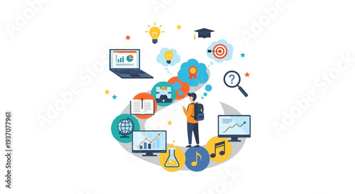 Student Learning Path: E-Learning, Skill Development, and Diverse Curriculum. Blended Education Concept with Technology and Knowledge Icons.