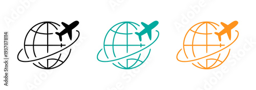 Global travel airplane and globe icon set