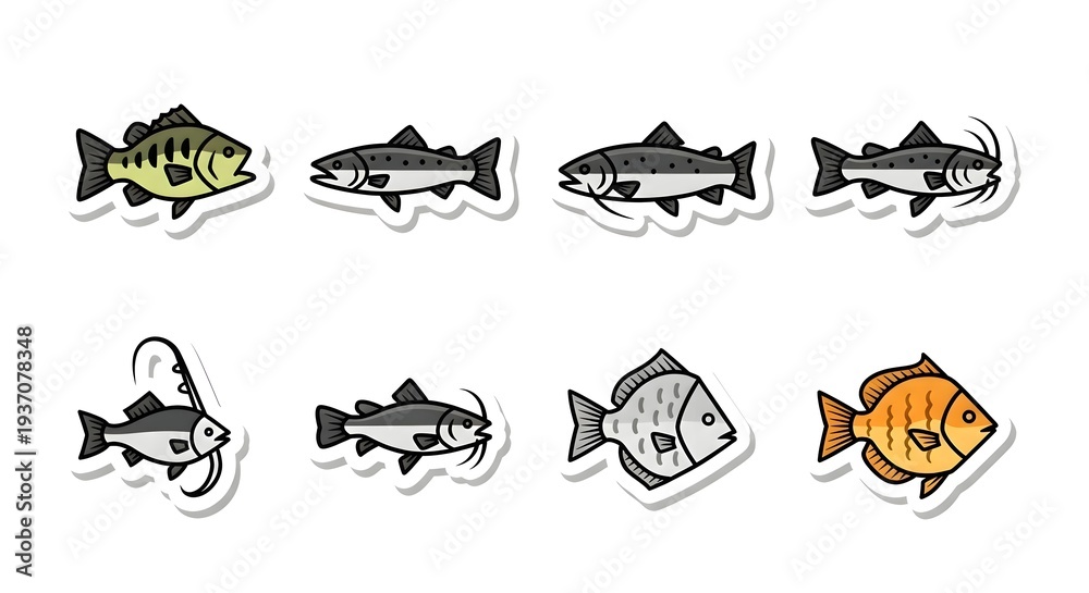 Obraz premium Assorted cartoon fish illustrations in various colors and styles.