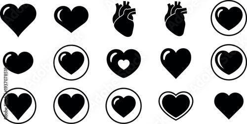 Heart Love and Anatomy Heart Icon Set with Romantic Symbols and Medical Cardiac Shapes for Valentine, Healthcare, and Relationship Design