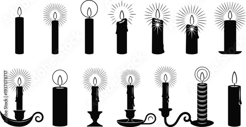 Collection of black candle silhouettes with flame light rays and various holders for holiday decoration spiritual memorial candlelight vigil and religious ceremony designs.