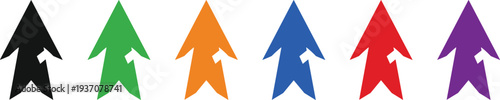Colorful upward arrow icon set in black green orange blue red and purple featuring geometric sharp design for financial growth success direction and progress.