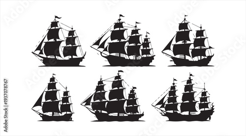 Classic galleon and sailboat icon pack for maritime history exploration and ocean travel design