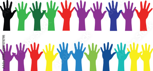 Colorful raised hands silhouettes representing diversity unity teamwork and community support abstract human hands vector illustration for social inclusion volunteer activism education concept