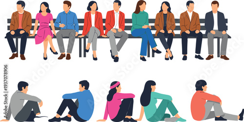 Collection of diverse men and women in colorful casual clothing sitting on a park bench and the ground in relaxed poses.