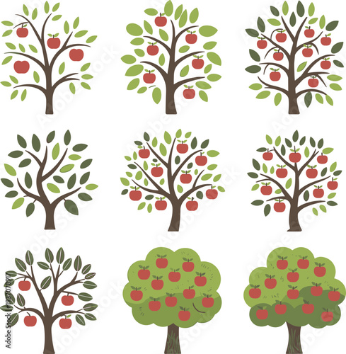 Collection of nine stylized apple tree illustrations, orchard design, fruit trees, nature art, agriculture, harvest season, greenery, botanical diversity