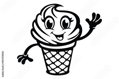 Two happy monochrome ice cream cones featuring cheerful facial expressions appear side by side