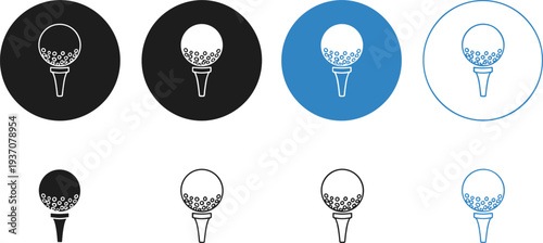 Comprehensive set of golf ball on tee icons in various styles including solid silhouette line art and circular buttons for sports apps and tournaments.