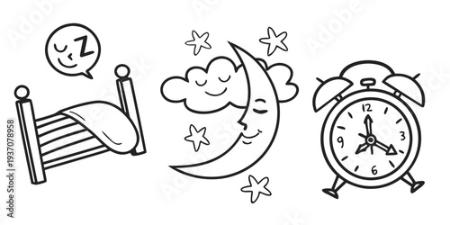 Hand drawn sleep doodle icon set with moon bed alarm clock and dreaming symbols vector illustration .vector icon
