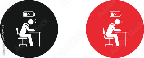 Exhausted office worker burnout icon set featuring a person sitting at a desk with low battery symbol in black and red circular flat vector design.