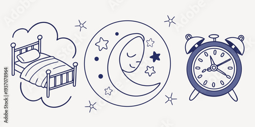 Hand drawn sleep doodle icon set with moon bed alarm clock and dreaming symbols vector illustration .vector icon
