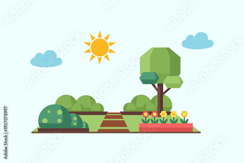 Sunny Garden Landscape with Tree and Flower Bed Flat Vector