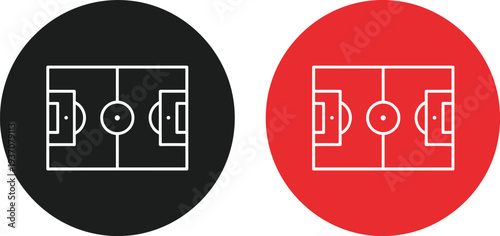 Football soccer pitch field icon set with top view perspective and tactical layout for sports competition game strategy and stadium arena navigation.