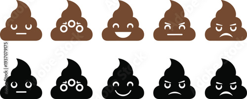 Funny poop emoji character set with various facial expressions including happy angry and neutral faces in brown and black silhouette styles for stickers.
