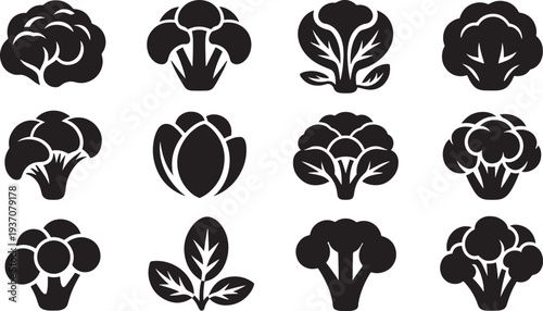 Black and white of various vegetables and plants broccoli