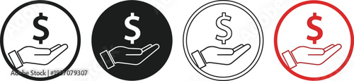 Hand holding dollar sign icon set featuring finance, investment, and payment symbols in black, red, and outline circular flat vector design.