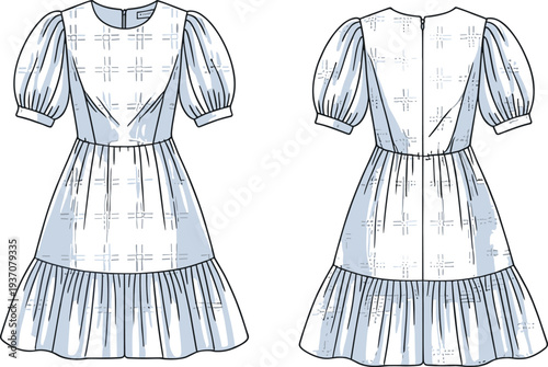 Light blue dress with white cross pattern and puffed sleeves shown from front and back views