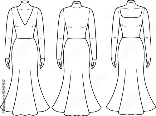 Three black and white line of long sleeved dresses with different necklines and flared skirts in fashion style