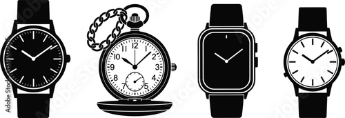 Assortment of black silhouette icons of different types of watches clock timepiece