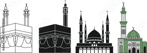 Islamic architectural set featuring Kaaba in Mecca and mosque with minarets and green dome in outline, silhouette, and flat color vector design.