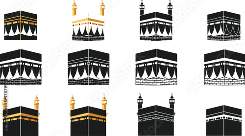 Holy Kaaba Mecca icon set featuring minimalist silhouettes and detailed illustrations of the Masjid al-Haram for Hajj, Umrah, and Islamic religious design projects.