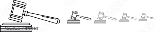 Judge gavel and sound block icon set featuring various sizes of justice hammers in black and white minimalist outline vector design.
