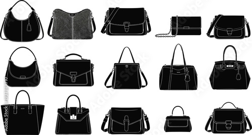 Assortment of black handbag silhouettes on a white background Keywords: handbag, purse, bag, collection, accessory, fashion