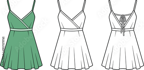Three Different Styles of Green and White Dresses with Straps and Belts green dress strapless