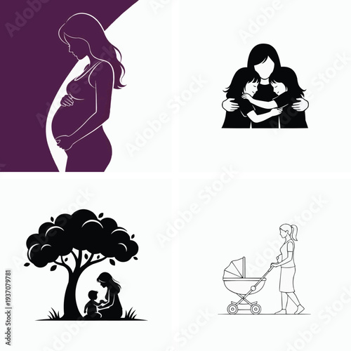 Pregnant woman and motherhood illustrations showcasing maternal love and care for newborn baby